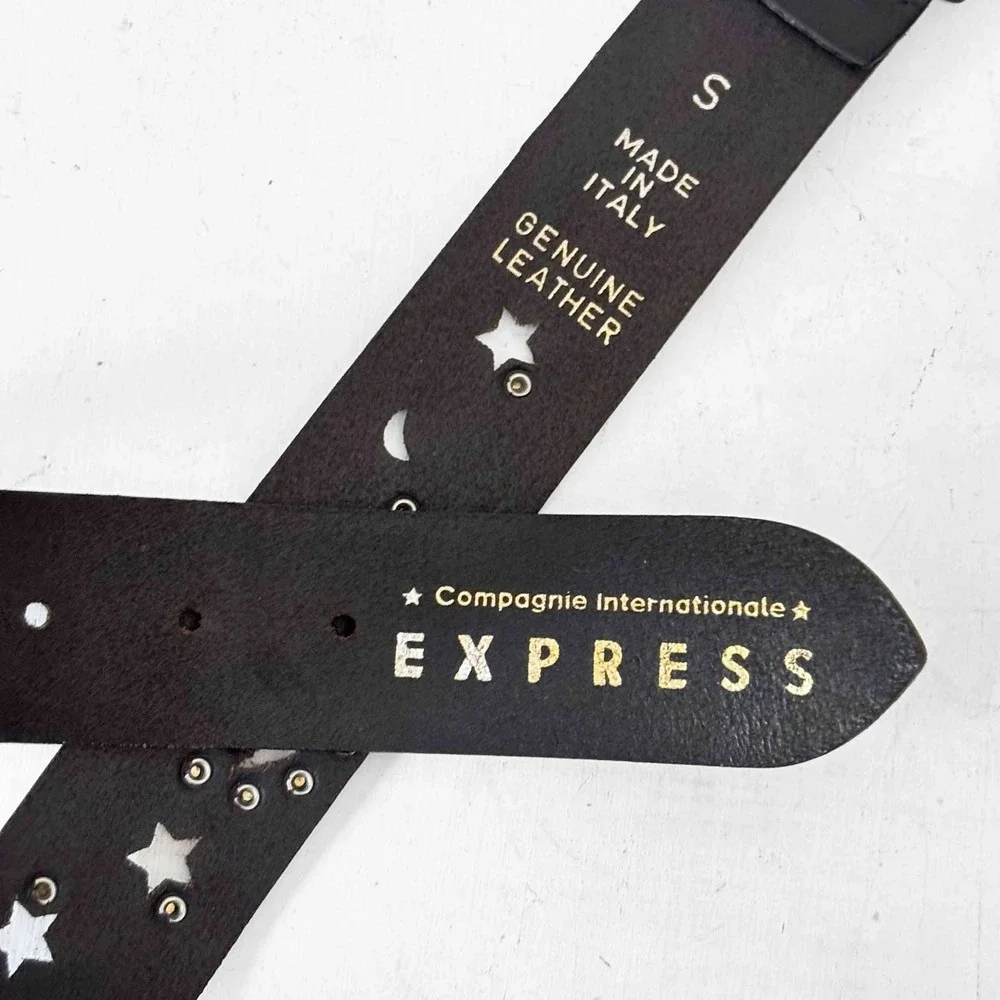 Express Vintage Black Leather‎ Celestial Moon Star Studded Belt Made in Italy S